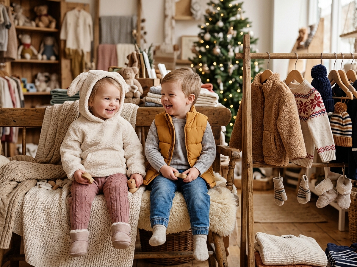 Two happy smiling toddlers in plush sherpa bunny ear fleece hoodie and quilted vest in cozy boutique